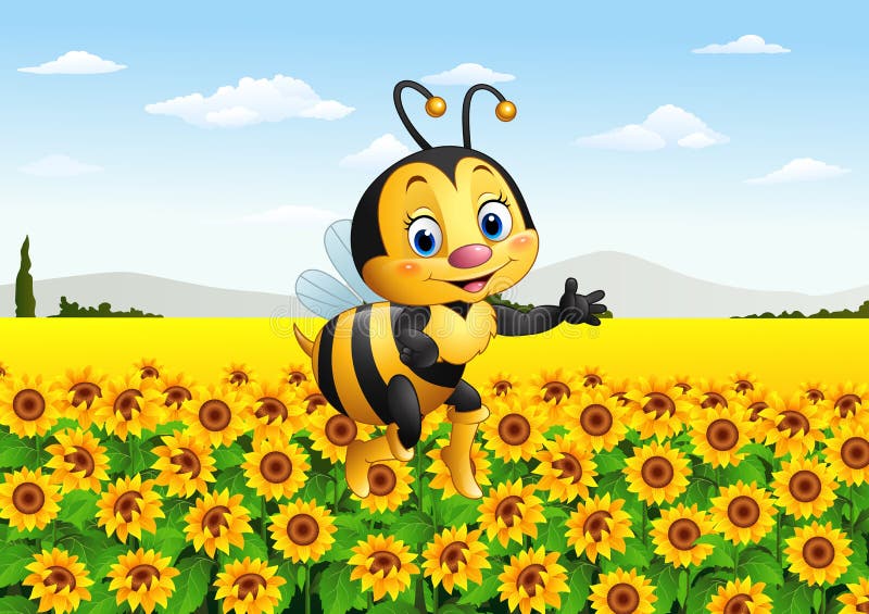 Cartoon Bee in the Sunflower Field Stock Vector - Illustration of flower,  green: 77890705