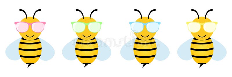 Cartoon bees set in colorful glasses. Cut bee wearing sunglasses collection.