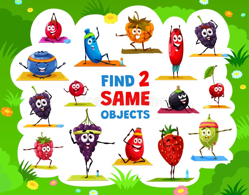 Cartoon berry character on yoga find two same game