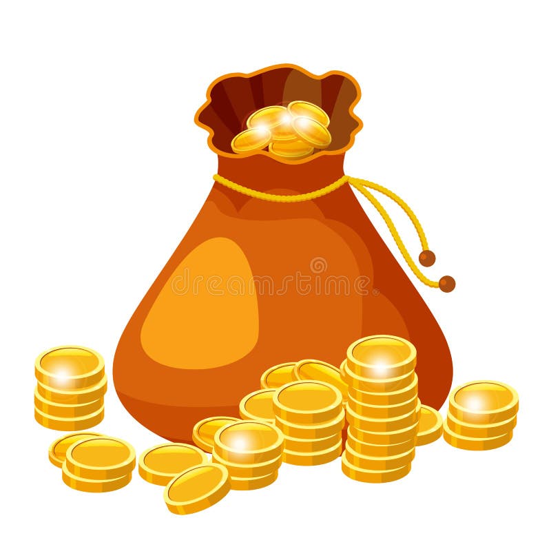 Cartoon big old bag with gold coins. Cash prize vector concept. Bag with golden coin, illustration of money, isolared on