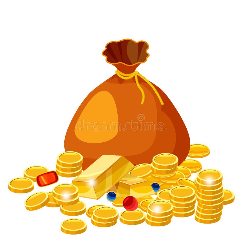 Cartoon big old bag with gold coins jewelry. Cash prize vector concept. Bag with golden coin, illustration of money, isolared on w