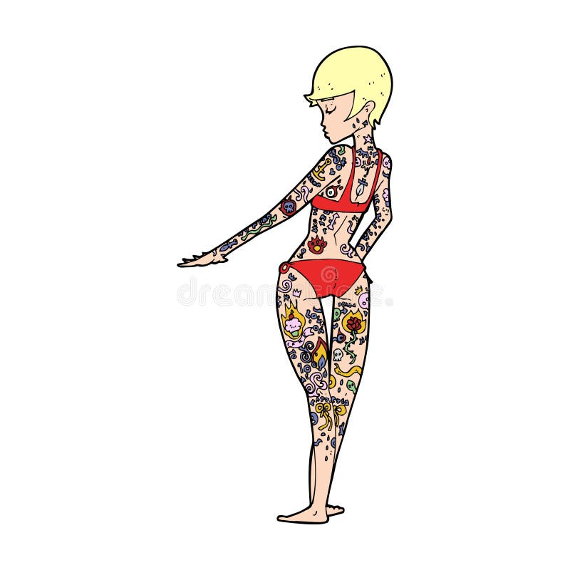 cartoon bikini girl covered in tattoos