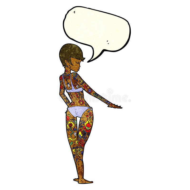 Cartoon Bikini Girl Covered In Tattoos With Speech Bubble Stock Illustration Illustration Of