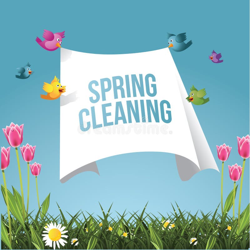 Cartoon birds flying with spring cleaning message