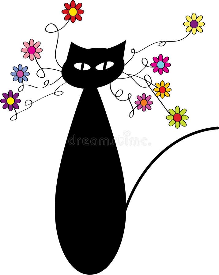 Download Cartoon Black Cat Silhouette With Colorful Flowers Stock ...