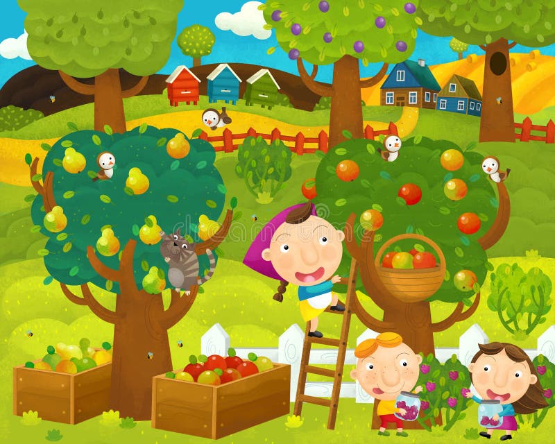 Cartoon blij en grappig op de boerderij met fruitboomgaarden appelbomen en perenbomen - illustratie royalty-vrije illustratie Cartoon blij en grappig op de boerderij met fruitboomgaarden appelbomen en perenbomen - illustratie royalty-vrije illustratie
