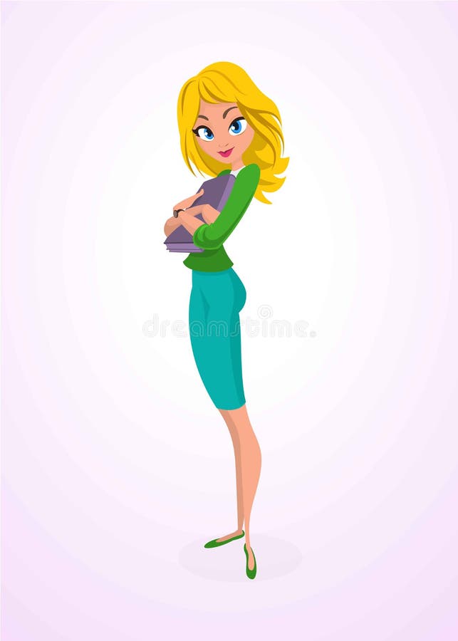 Cartoon blond girl. Cheerful smiling business woman or teacher character with folder for papers. Vector illustration.