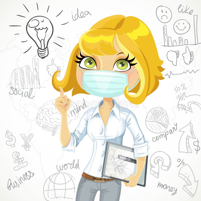 Cartoon blond girl in face mask with electronic tablet inspiration idea on business doodles background vector illustration