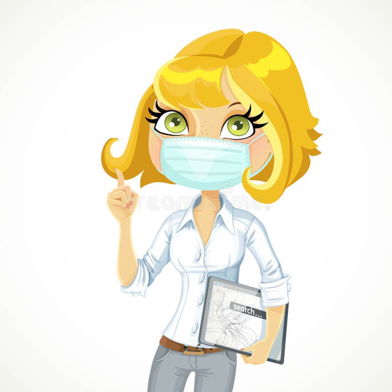 Cartoon blond girl in face mask with electronic tablet vector illustration