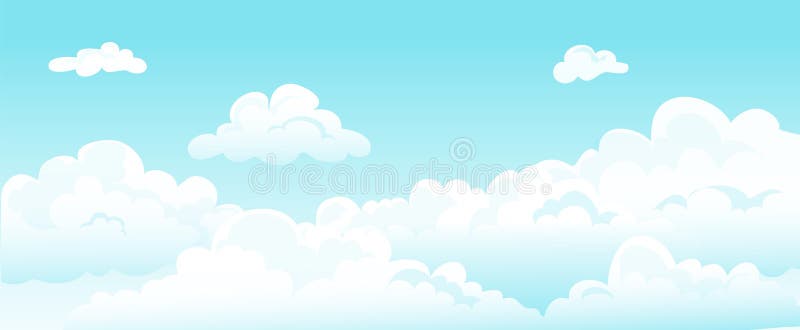 Cartoon blue sky en krulwolken Vector witte wolken schoonheidsdromen horizontale achtergrond Omhult vloeiend witte hevel