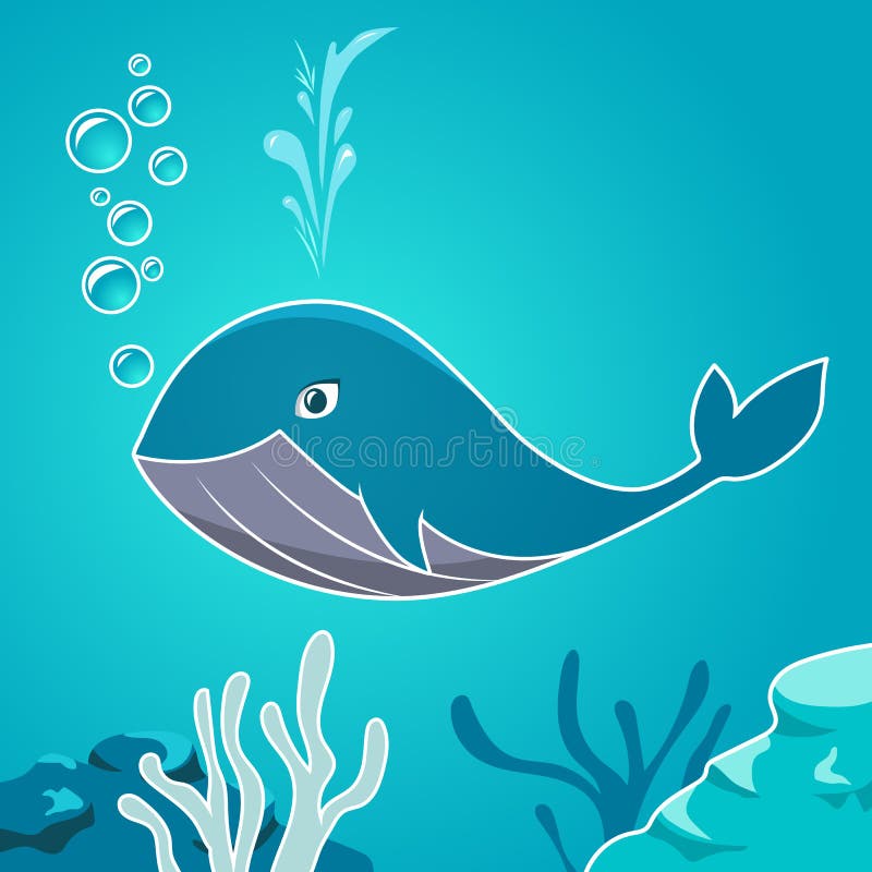 Cartoon Blue Whale Under Water. Whale on a Background Seabed Stock ...