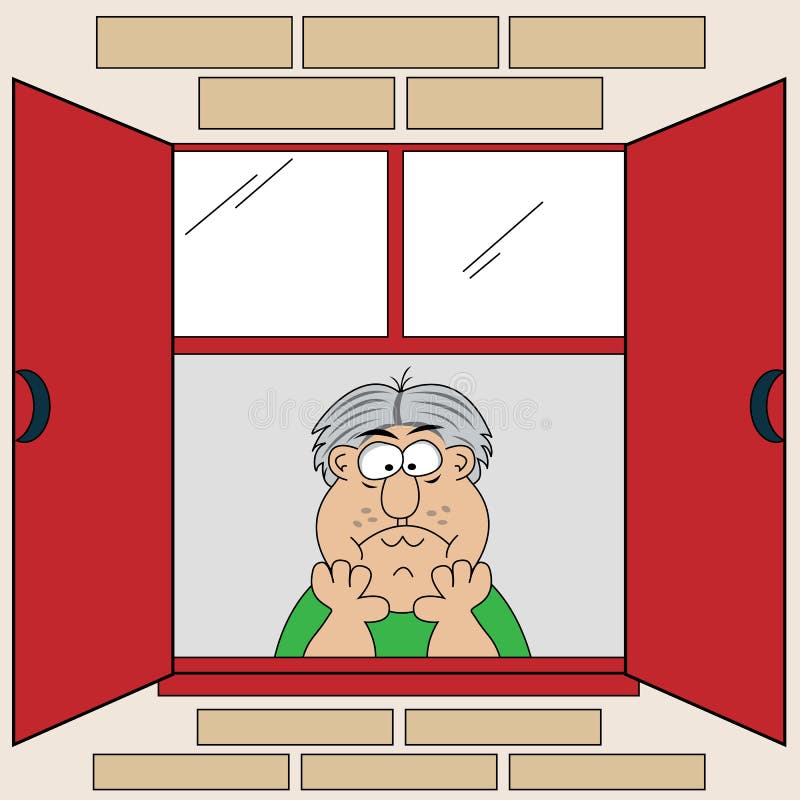 Glum, sad and bored old man looking out the window, head in his hands. Cartoon character. Glum, sad and bored old man looking out the window, head in his hands. Cartoon character.