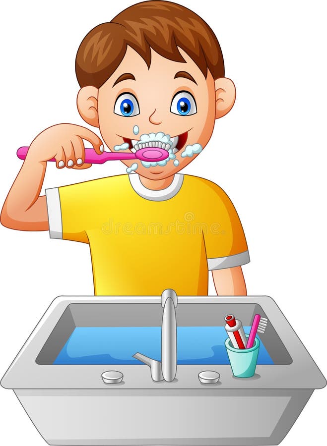 Cartoon boy brushing teeth stock illustration. Illustration of flat