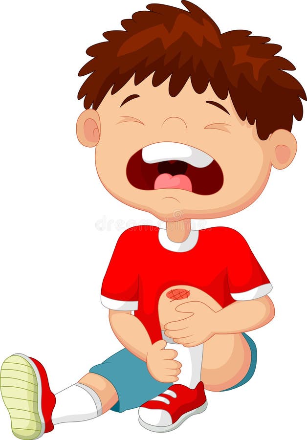 Cartoon Boy Crying with a Scratch on His Knee Stock Vector