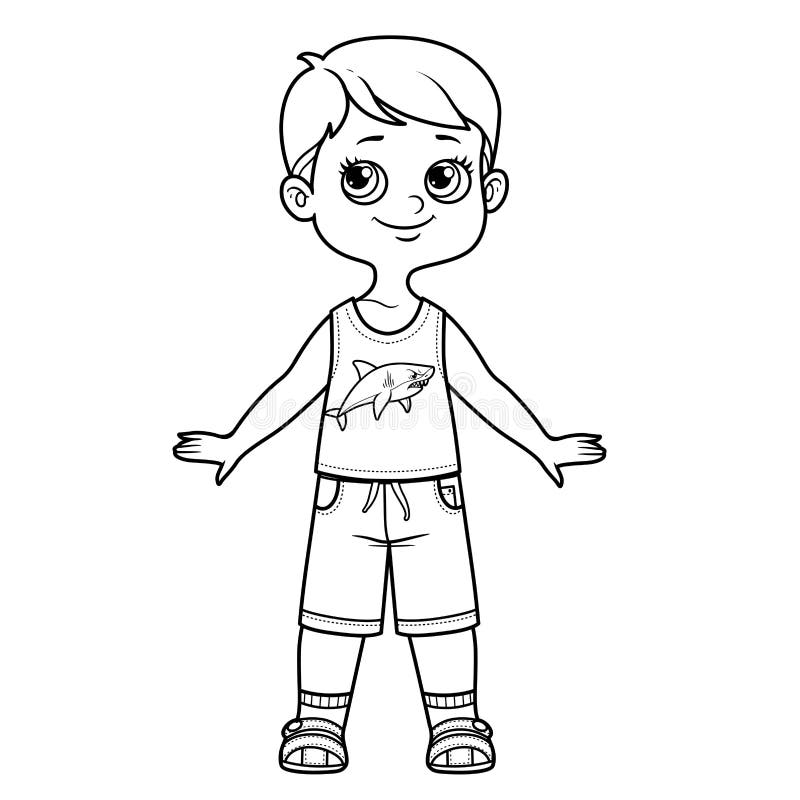 Cartoon Boy In Denim Shorts Shark Tank Top And Sandals Outline For Coloring On A White Stock Vector Illustration Of Heat Sketch