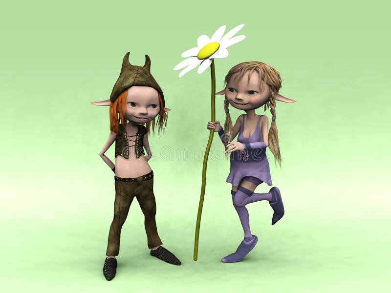 Cartoon boy and girl with big flower