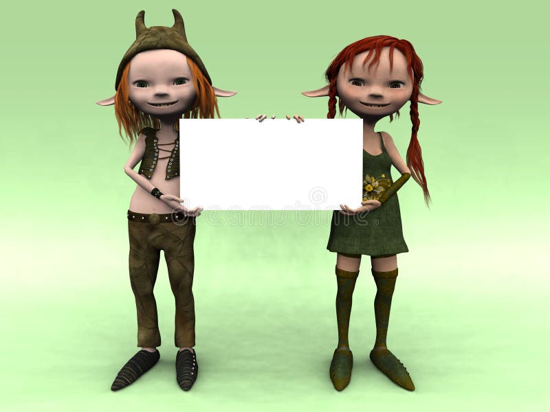 Cartoon boy and girl holding a blank sign