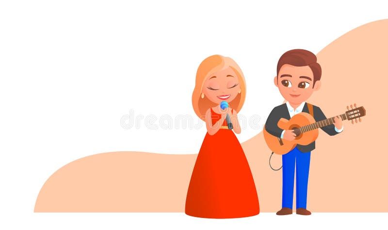 Cartoon Boy and Girl Sing a Song on Stage with a Guitar Stock Vector -  Illustration of people, stand: 193750653