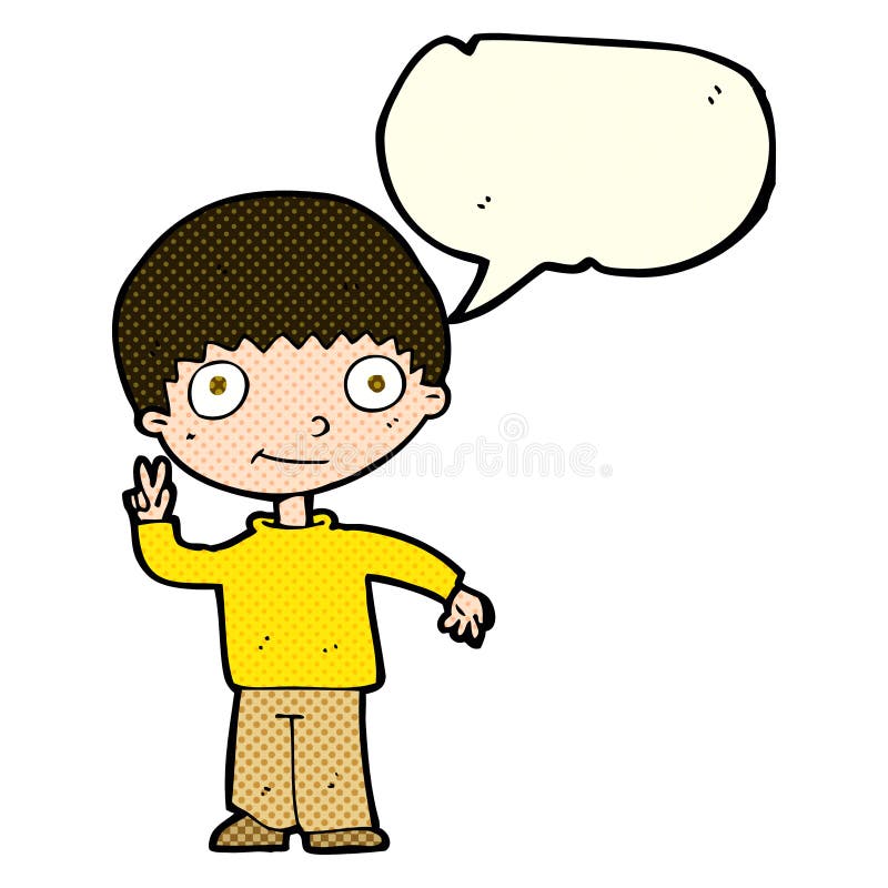 cartoon boy giving peace sign with speech bubble