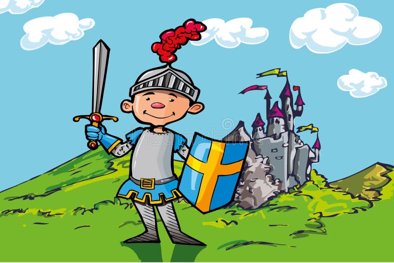 Cartoon boy knight in front of a castle stock illustration