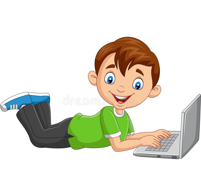 Cartoon Boy Operating Laptop Laying On Floor Stock Vector ...