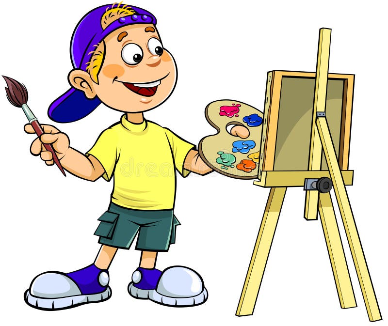 Cartoon Boy Painting on Canvas Stock Vector - Illustration of smiling ...