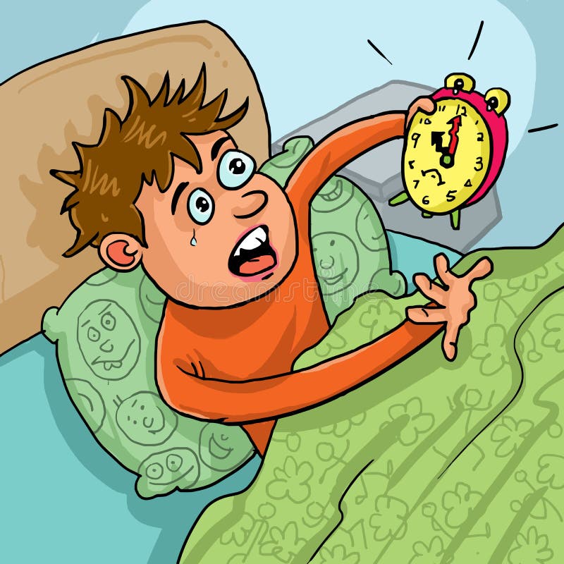 Cartoon about boy waking up late too late to school. He very shock seeing the alarm clock time show 10 o`clock. Cartoon about boy waking up late too late to school. He very shock seeing the alarm clock time show 10 o`clock.