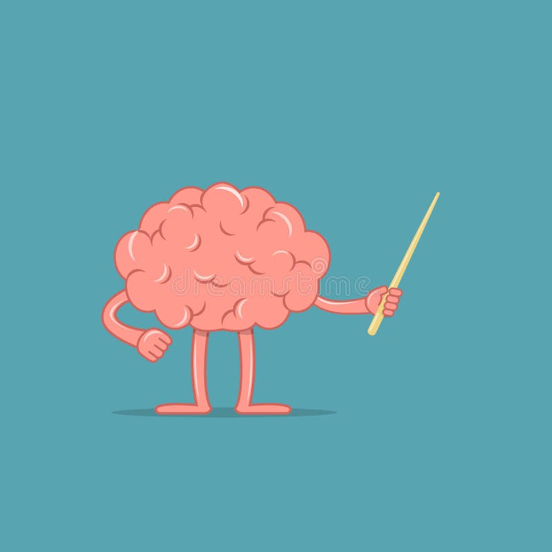 Cartoon brain holds a pointer. Isolated character of brain shows something. Concept of training. royalty free illustration