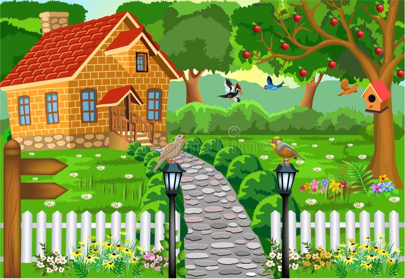  Cartoon  Garden  With Vegetables And Fruit Trees Stock Vector 