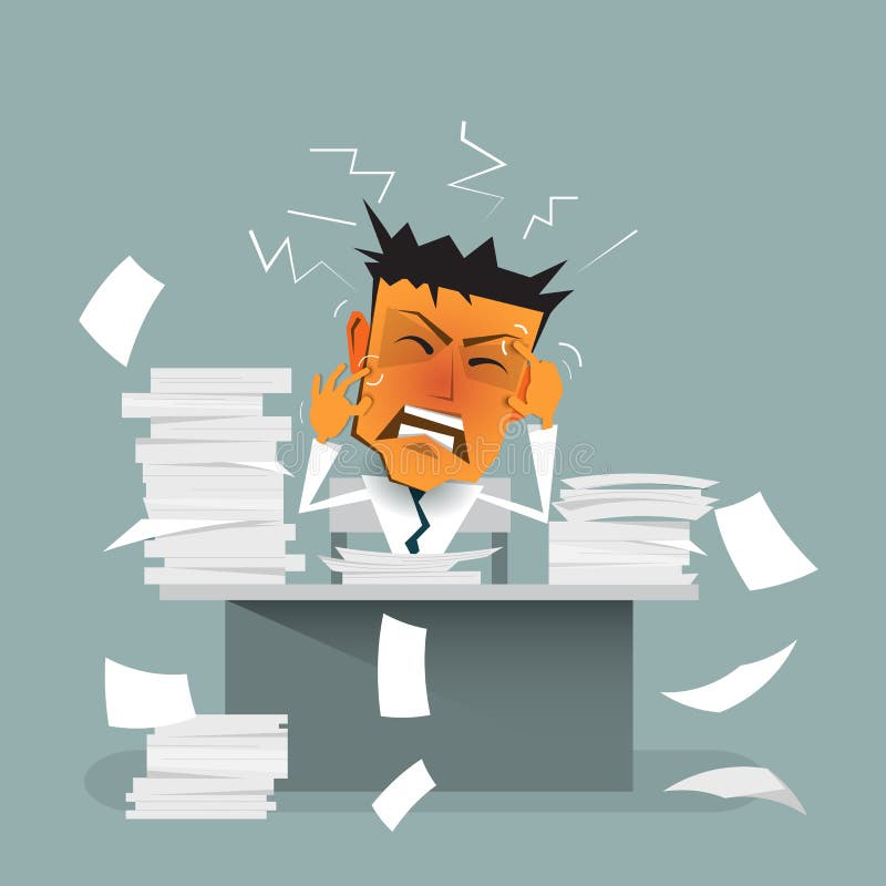 Cartoon businessman busy, stress or tension, overworked, depressed and exhausted