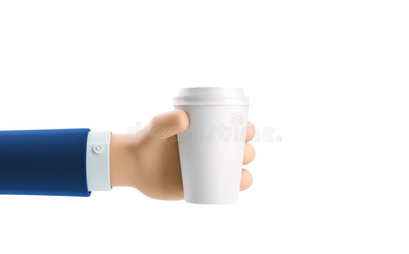3d illustration. Cartoon businessman character hand holds paper cup with coffee.