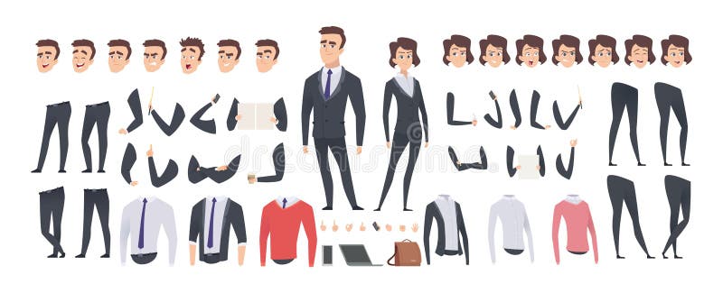 Cartoon businessman creation kit. Business woman and man or managers constructor, body gesture and hairstyle and