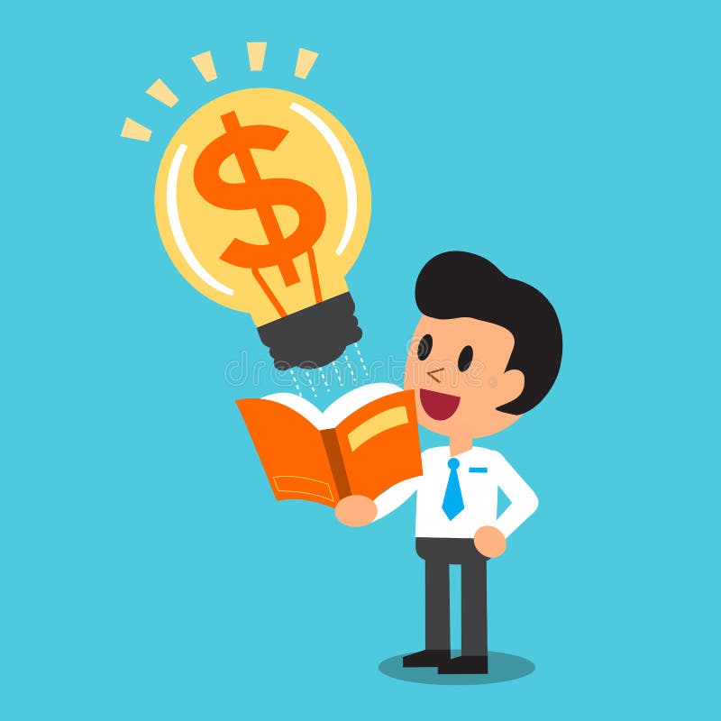 Cartoon businessman open a book that has big money idea royalty free illustration Cartoon businessman open a book that has big money idea royalty free illustration