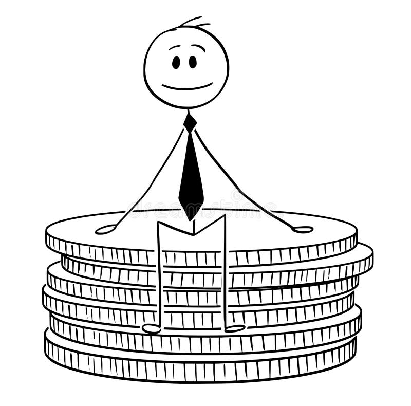 Cartoon of Businessman Sitting on Small Stack of Coins