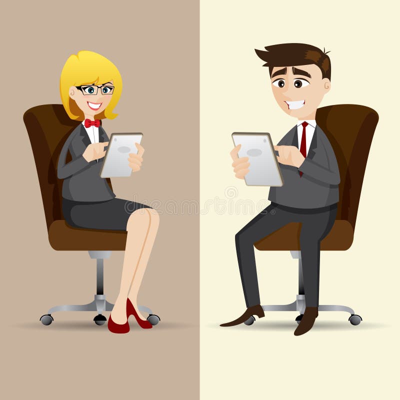Illustration of cartoon businesspeople sitting on chair and using tablet