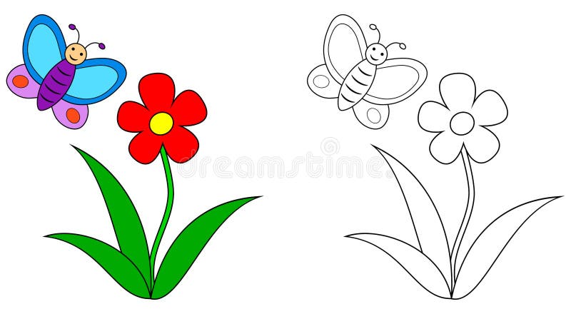 Cartoon Butterfly with Flower Colorful and Black and White. Coloring Book Page for Children Stock Vector - Illustration of adults, grow: 228760115 Cartoon Butterfly with Flower Colorful and Black and White. Coloring Book Page for Children Stock Vector - Illustration of adults, grow: 228760115