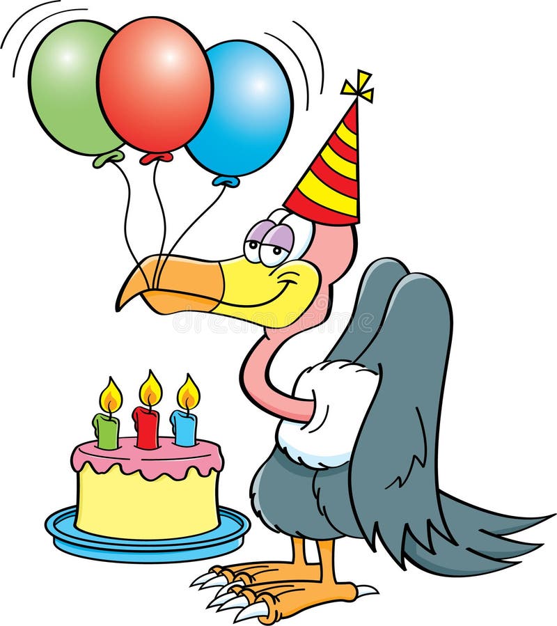 Cartoon buzzard with a birthday cake.