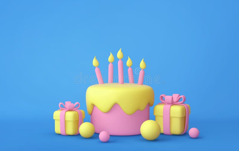 Cartoon Cake with Candles, Balloons, Gift Boxes on Blue Background