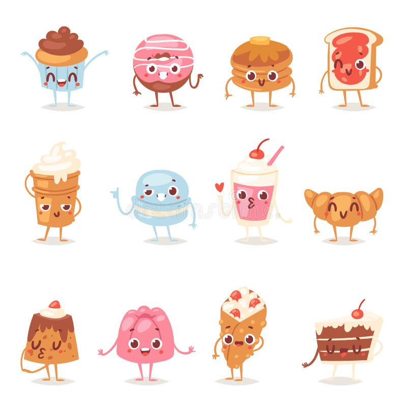 Cartoon cake character vector chocolate sweets confectionery cupcake emotion and sweet confection dessert with caked stock illustration Cartoon cake character vector chocolate sweets confectionery cupcake emotion and sweet confection dessert with caked stock illustration