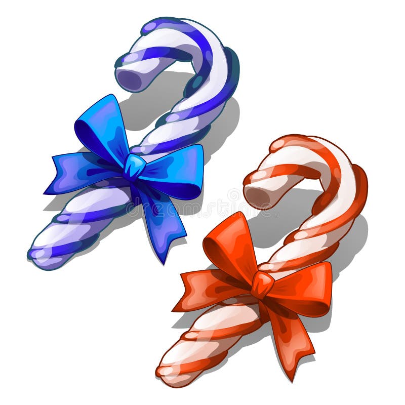 Cartoon Candy Cane With Decorative Red And Blue Ribbon Bow Isolated On White Background. Classic Christmas Decorations vector illustration Cartoon Candy Cane With Decorative Red And Blue Ribbon Bow Isolated On White Background. Classic Christmas Decorations vector illustration
