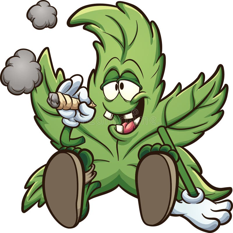 Cartoon cannabis plant character smoking a marihuana joint. 
