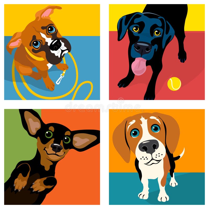 Cartoon caricatures of 4 dog breeds. Boxer, Black Labrador, Dachshund and Beagle.