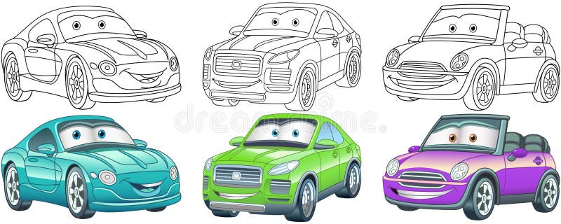 Cartoon Cars Coloring Pages Set Stock Vector - Illustration of funny,  colorful: 184754118
