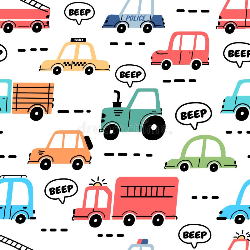 Cartoon cars seamless pattern with truck, police and fire engine. Baby toy transport on road wallpaper for nursery. Car