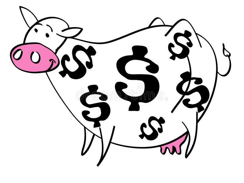 Cartoon of cash cow with dollar signs on her coat vector illustration Cartoon of cash cow with dollar signs on her coat vector illustration