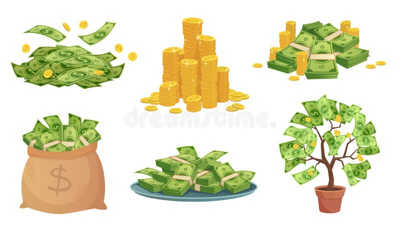 Cartoon cash. Green dollar banknotes pile, rich gold coins and pay. Cash bag, tray with stacks of bills and money tree stock illustration