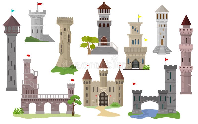 Cartoon castle vector fairytale medieval tower of fantasy palace building in kingdom fairyland illustration set of vector illustration