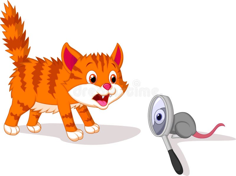 Cartoon Cat afraid of mouse with magnifying glass