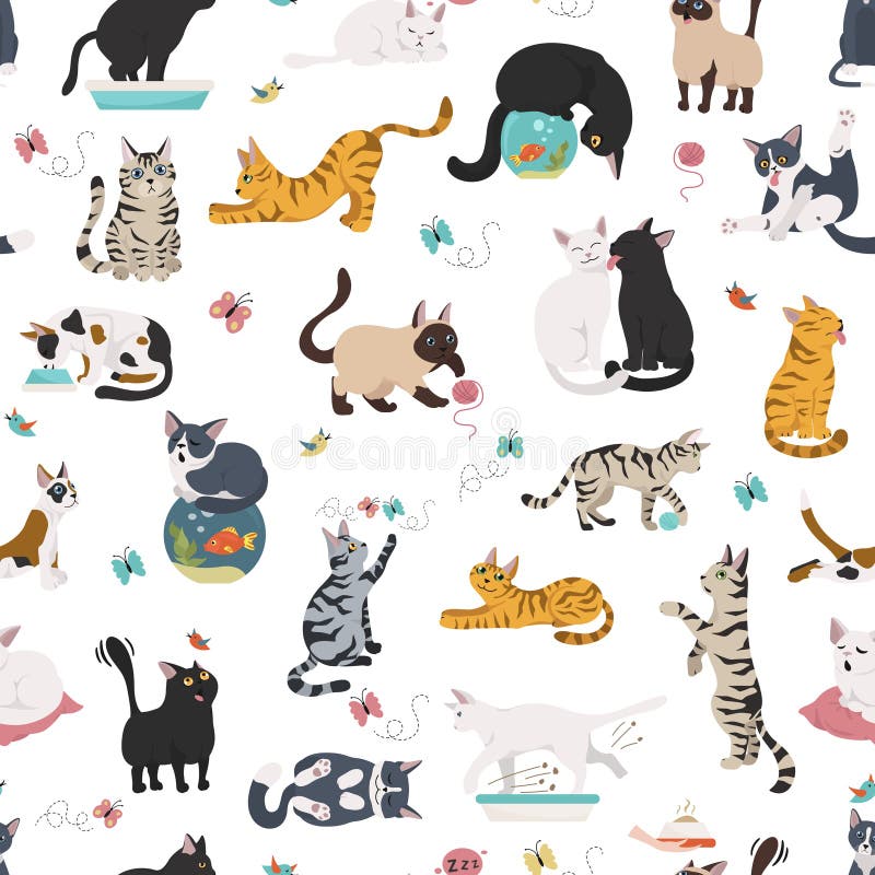 Cartoon cat characters seamless pattern. Different cat`s poses, yoga and emotions set. Flat simple style design. Vector illustration