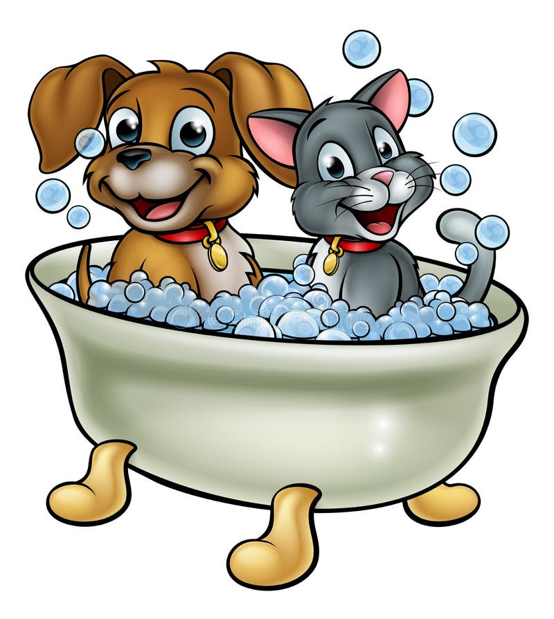  Cartoon  Cat  And Dog  Washing In Bath Stock Vector 